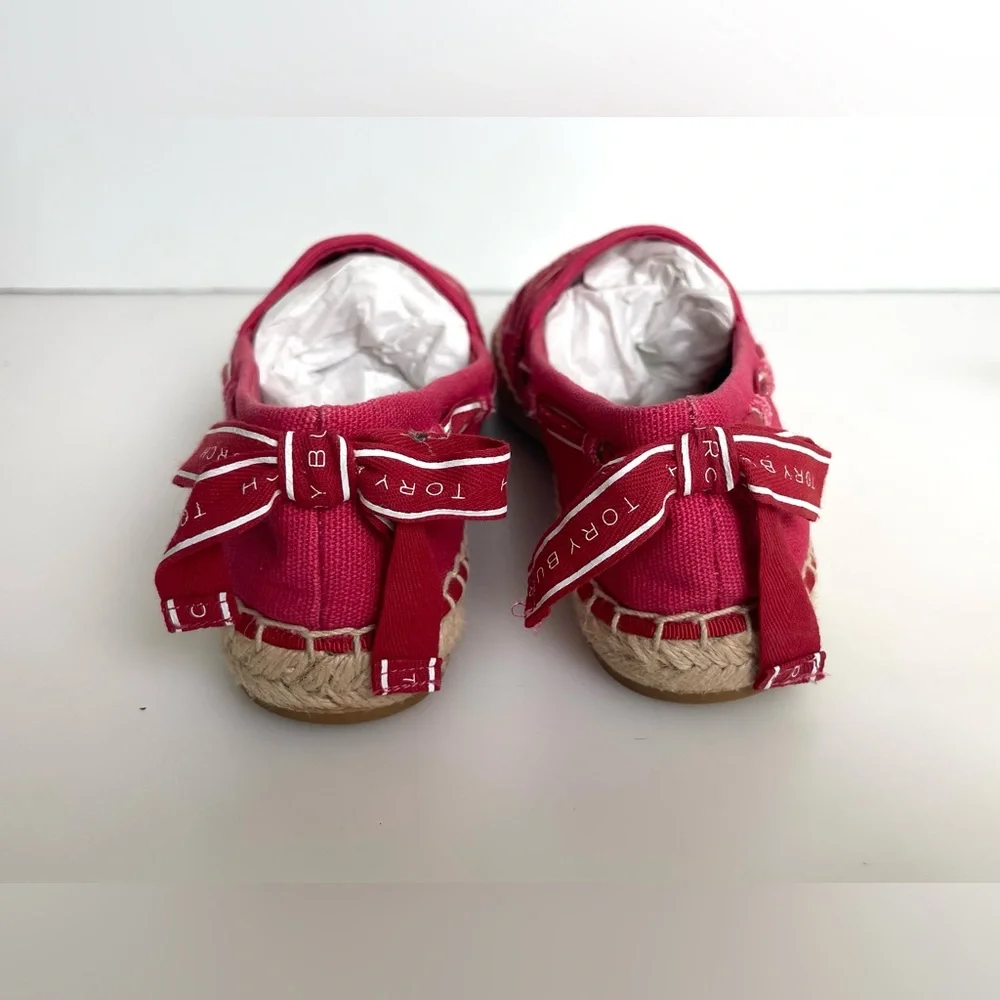 Tory Burch Grosgrains Crisscross Logo Ribbon Espadrilles Flats Red Size 5.5